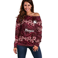 Personalised Cook Islands Mangaia Off Shoulder Sweater Tiare Maori Polynesian Waves Tattoo LT14 Women Burgundy - Polynesian Pride