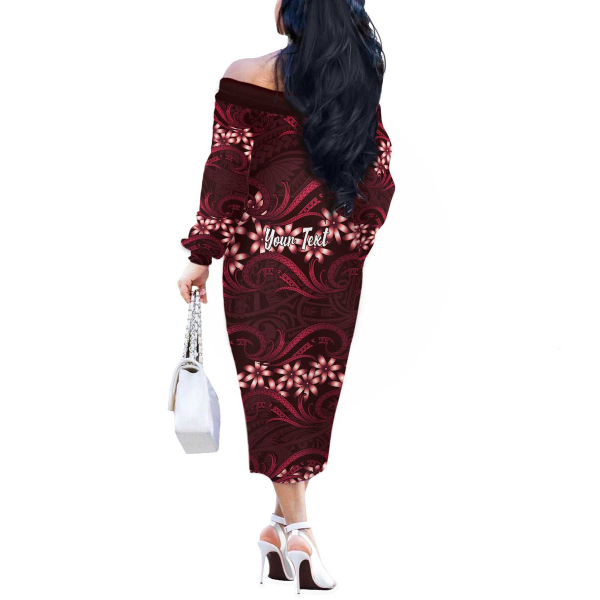 Personalised Cook Islands Mangaia Off The Shoulder Long Sleeve Dress Tiare Maori Polynesian Waves Tattoo LT14 - Polynesian Pride