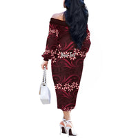 Personalised Cook Islands Mangaia Off The Shoulder Long Sleeve Dress Tiare Maori Polynesian Waves Tattoo LT14 - Polynesian Pride