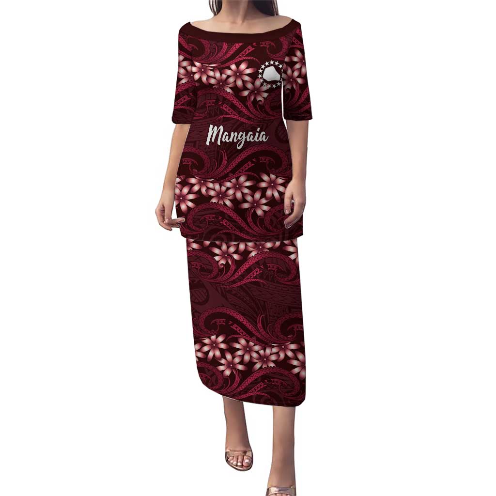 Personalised Cook Islands Mangaia Puletasi Tiare Maori Polynesian Waves Tattoo LT14 Long Dress Burgundy - Polynesian Pride
