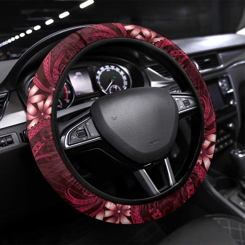 Cook Islands Mangaia Steering Wheel Cover Tiare Maori Polynesian Waves Tattoo LT14 Universal Fit Burgundy - Polynesian Pride