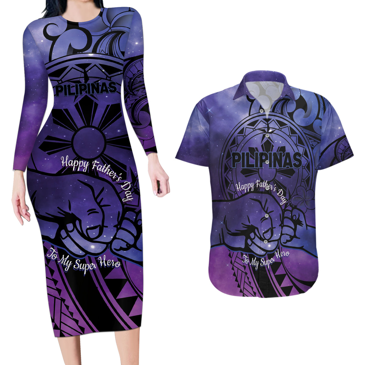 Philippines Father's Day Couples Matching Long Sleeve Bodycon Dress and Hawaiian Shirt Polynesian Tattoo Galaxy Vibes LT14 Blue - Polynesian Pride