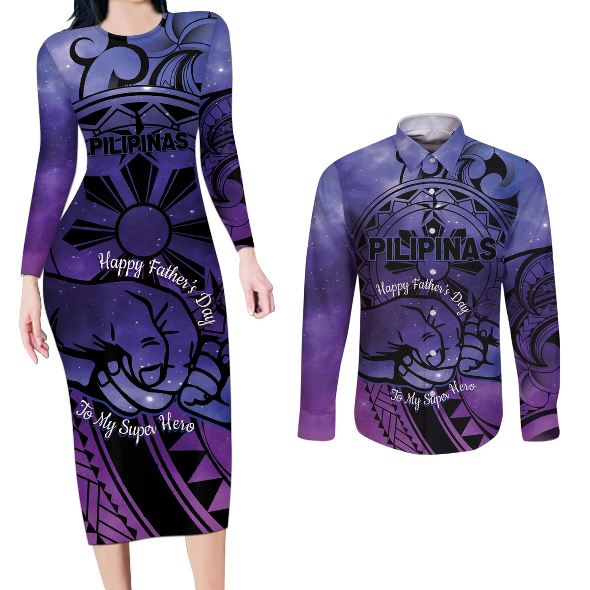 Philippines Father's Day Couples Matching Long Sleeve Bodycon Dress and Long Sleeve Button Shirt Polynesian Tattoo Galaxy Vibes LT14 Blue - Polynesian Pride