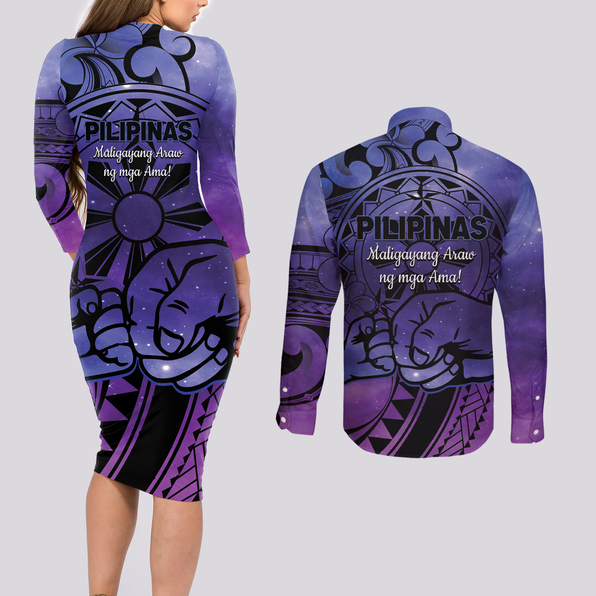 Philippines Father's Day Couples Matching Long Sleeve Bodycon Dress and Long Sleeve Button Shirt Polynesian Tattoo Galaxy Vibes LT14 - Polynesian Pride
