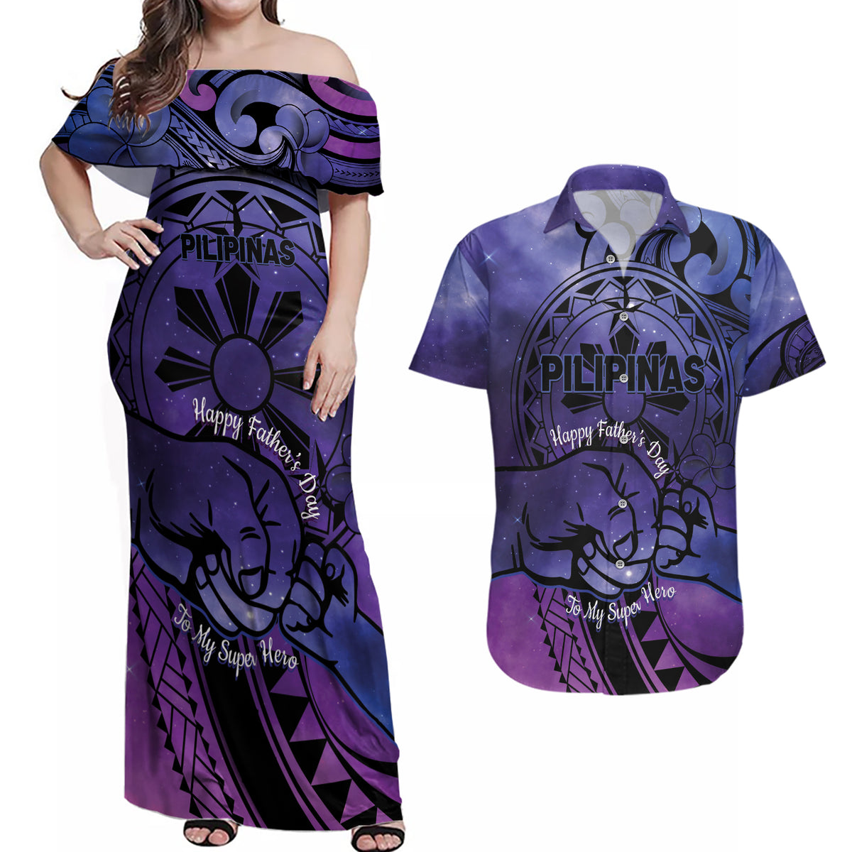 Philippines Father's Day Couples Matching Off Shoulder Maxi Dress and Hawaiian Shirt Polynesian Tattoo Galaxy Vibes LT14 Blue - Polynesian Pride