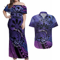 Philippines Father's Day Couples Matching Off Shoulder Maxi Dress and Hawaiian Shirt Polynesian Tattoo Galaxy Vibes LT14 Blue - Polynesian Pride