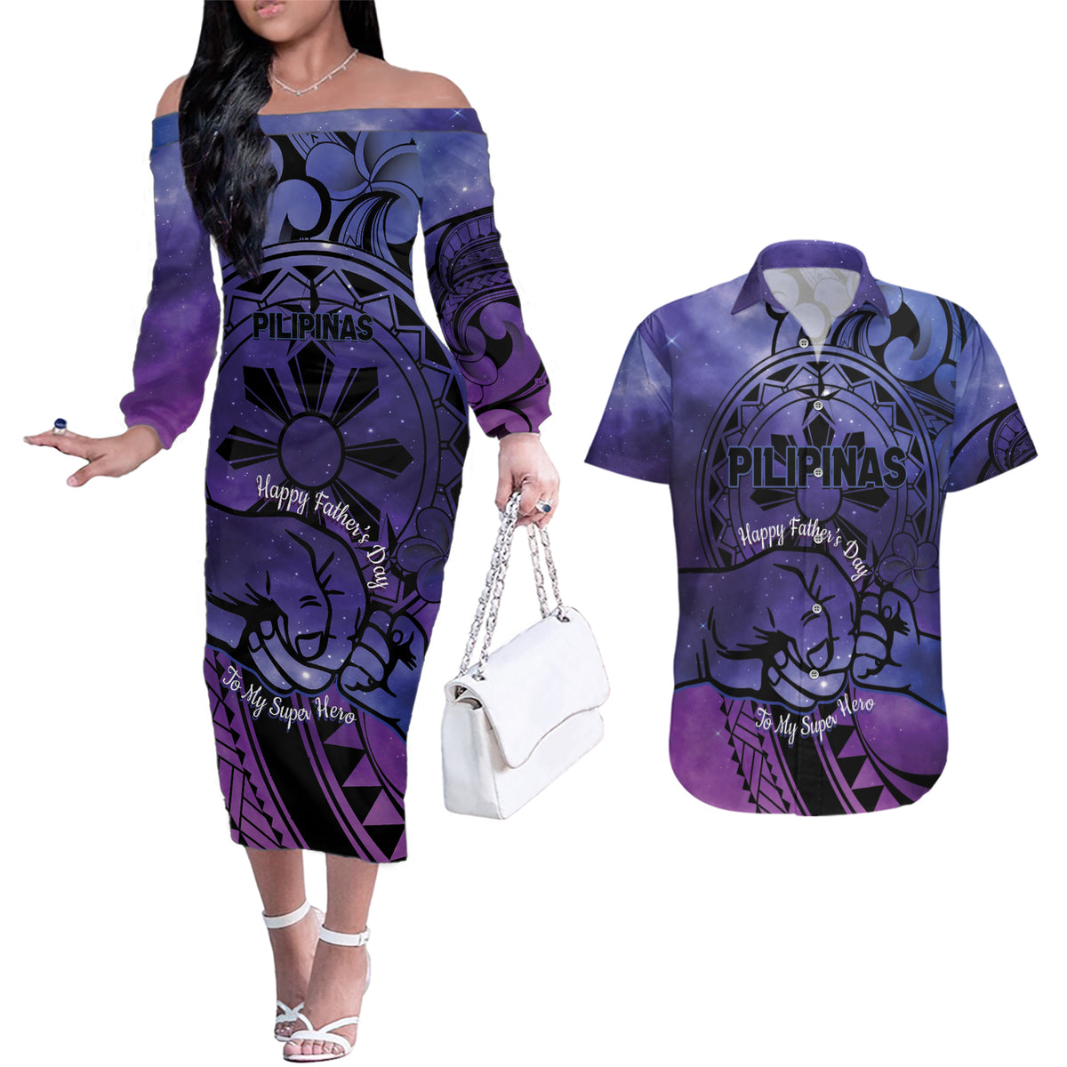 Philippines Father's Day Couples Matching Off The Shoulder Long Sleeve Dress and Hawaiian Shirt Polynesian Tattoo Galaxy Vibes LT14 Blue - Polynesian Pride