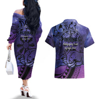 Philippines Father's Day Couples Matching Off The Shoulder Long Sleeve Dress and Hawaiian Shirt Polynesian Tattoo Galaxy Vibes LT14 - Polynesian Pride
