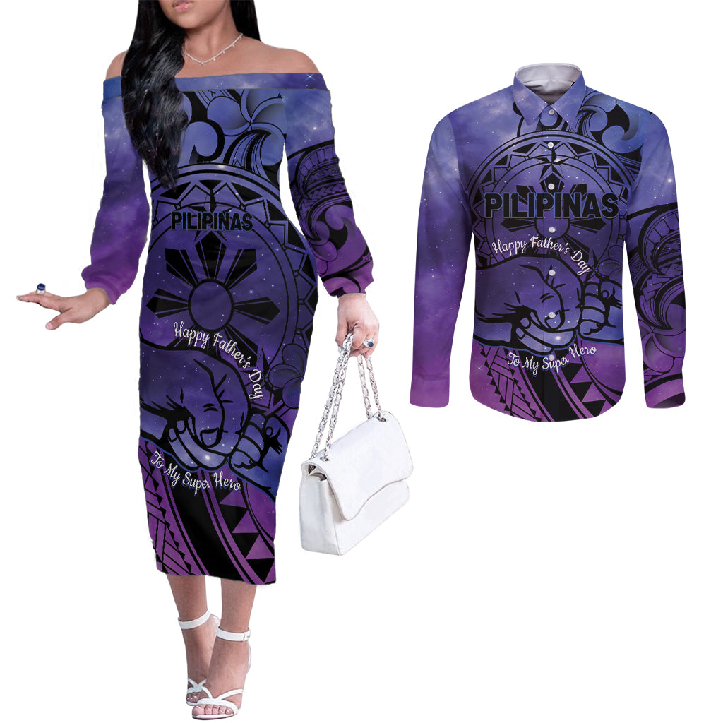 Philippines Father's Day Couples Matching Off The Shoulder Long Sleeve Dress and Long Sleeve Button Shirt Polynesian Tattoo Galaxy Vibes LT14 Blue - Polynesian Pride