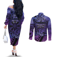 Philippines Father's Day Couples Matching Off The Shoulder Long Sleeve Dress and Long Sleeve Button Shirt Polynesian Tattoo Galaxy Vibes LT14 - Polynesian Pride