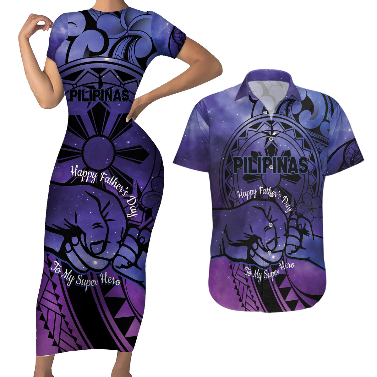 Philippines Father's Day Couples Matching Short Sleeve Bodycon Dress and Hawaiian Shirt Polynesian Tattoo Galaxy Vibes LT14 Blue - Polynesian Pride