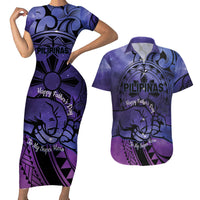 Philippines Father's Day Couples Matching Short Sleeve Bodycon Dress and Hawaiian Shirt Polynesian Tattoo Galaxy Vibes LT14 Blue - Polynesian Pride