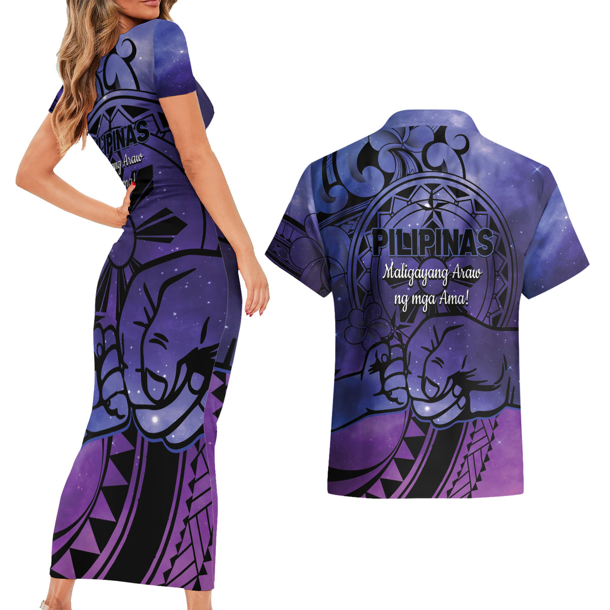 Philippines Father's Day Couples Matching Short Sleeve Bodycon Dress and Hawaiian Shirt Polynesian Tattoo Galaxy Vibes LT14 - Polynesian Pride