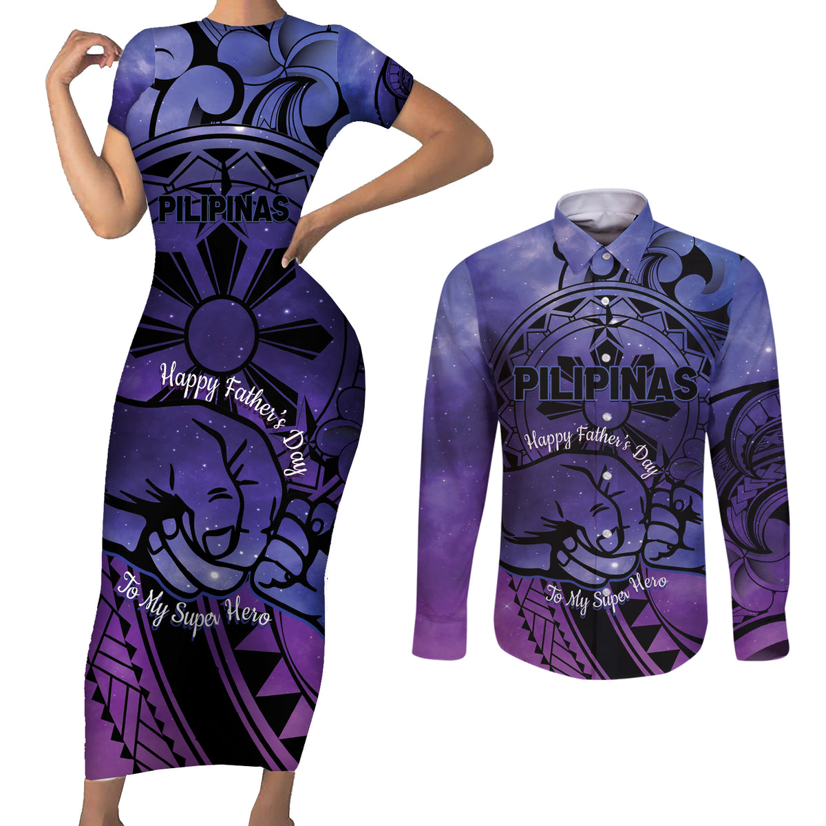 Philippines Father's Day Couples Matching Short Sleeve Bodycon Dress and Long Sleeve Button Shirt Polynesian Tattoo Galaxy Vibes LT14 Blue - Polynesian Pride
