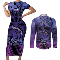 Philippines Father's Day Couples Matching Short Sleeve Bodycon Dress and Long Sleeve Button Shirt Polynesian Tattoo Galaxy Vibes LT14 Blue - Polynesian Pride