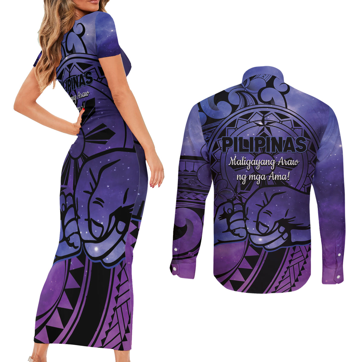 Philippines Father's Day Couples Matching Short Sleeve Bodycon Dress and Long Sleeve Button Shirt Polynesian Tattoo Galaxy Vibes LT14 - Polynesian Pride