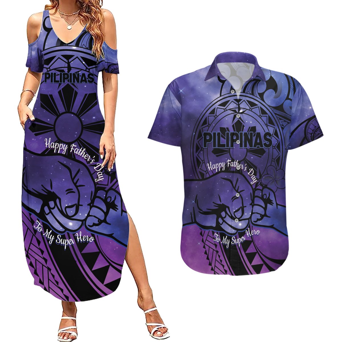 Philippines Father's Day Couples Matching Summer Maxi Dress and Hawaiian Shirt Polynesian Tattoo Galaxy Vibes LT14 Blue - Polynesian Pride
