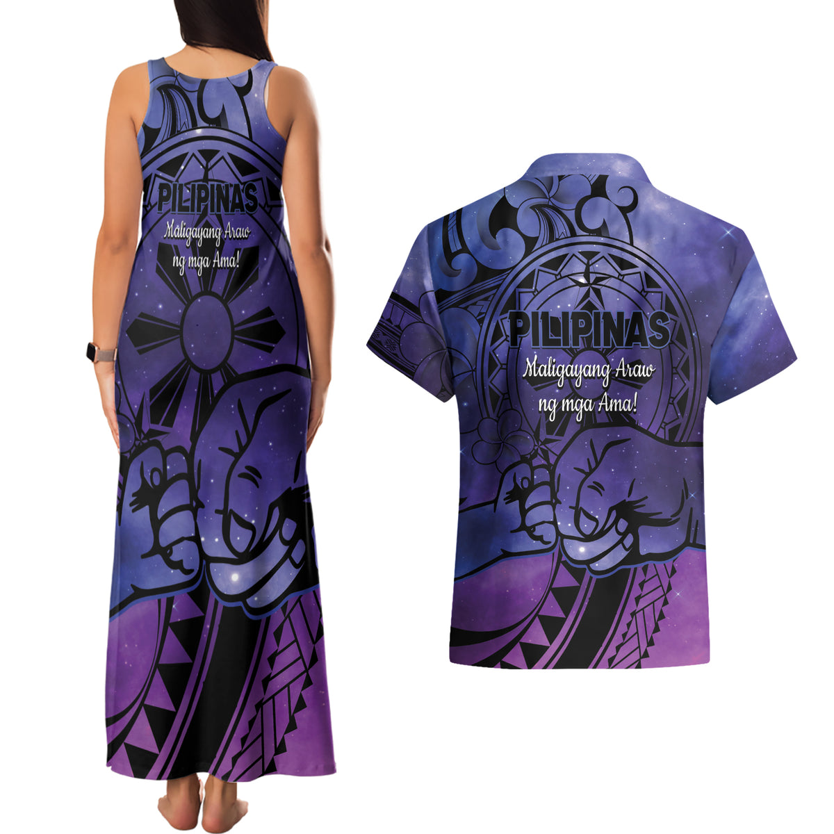 Philippines Father's Day Couples Matching Tank Maxi Dress and Hawaiian Shirt Polynesian Tattoo Galaxy Vibes LT14 - Polynesian Pride