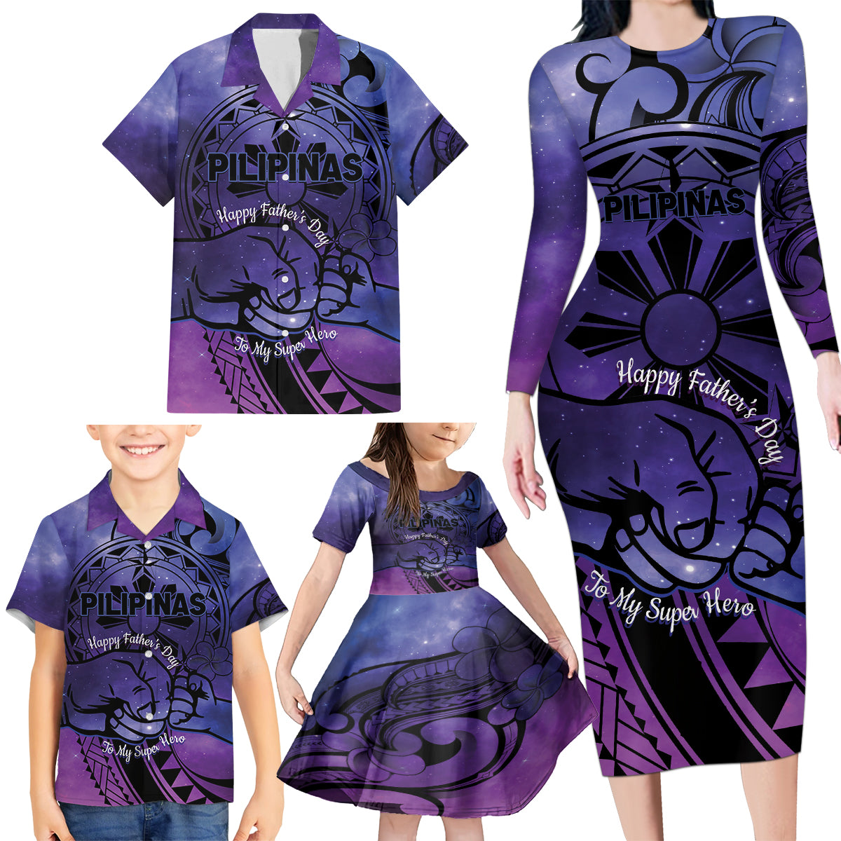 Philippines Father's Day Family Matching Long Sleeve Bodycon Dress and Hawaiian Shirt Polynesian Tattoo Galaxy Vibes LT14 - Polynesian Pride