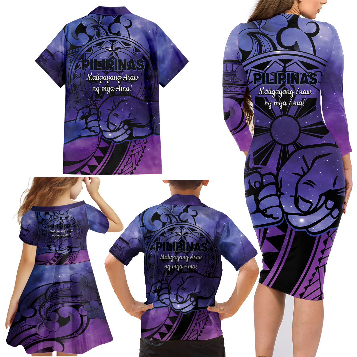 Philippines Father's Day Family Matching Long Sleeve Bodycon Dress and Hawaiian Shirt Polynesian Tattoo Galaxy Vibes LT14 - Polynesian Pride