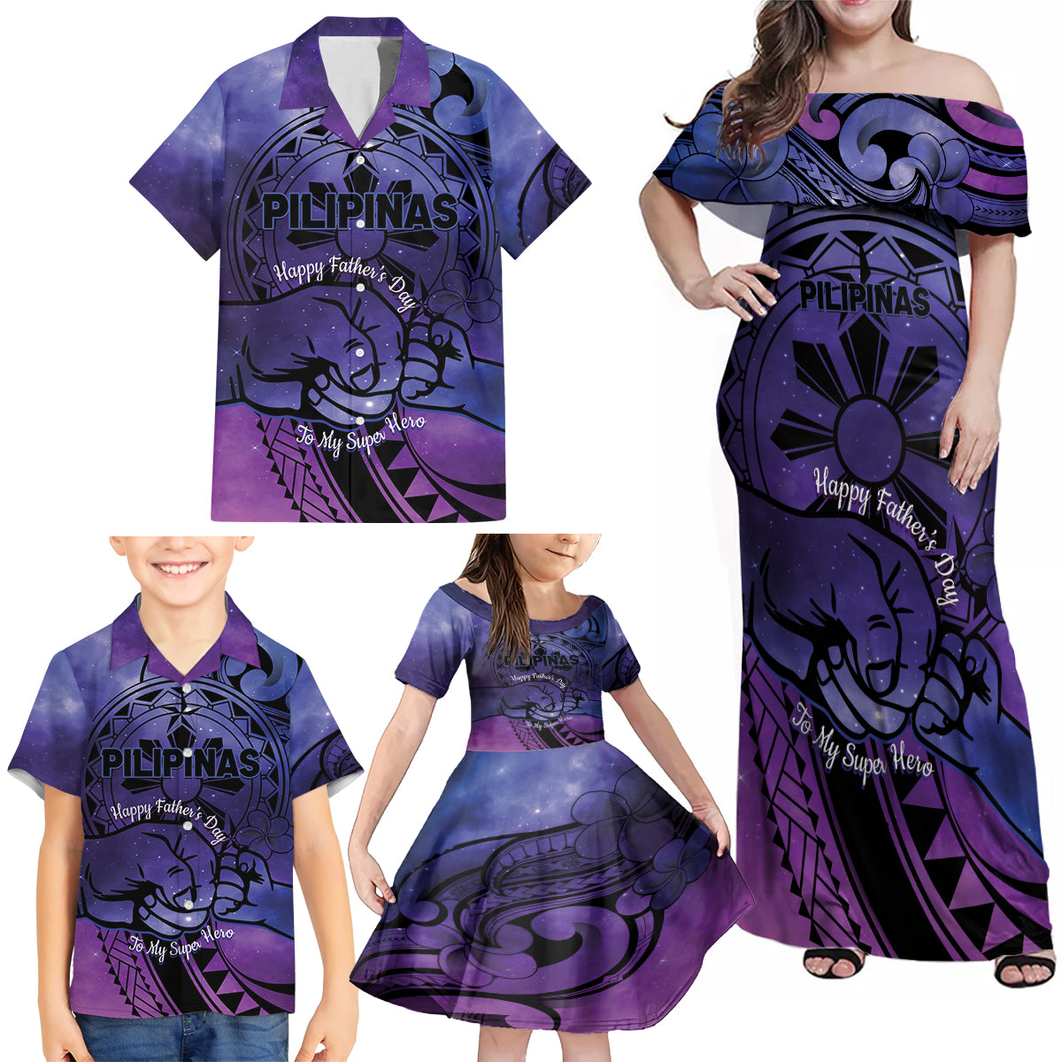 Philippines Father's Day Family Matching Off Shoulder Maxi Dress and Hawaiian Shirt Polynesian Tattoo Galaxy Vibes LT14 - Polynesian Pride