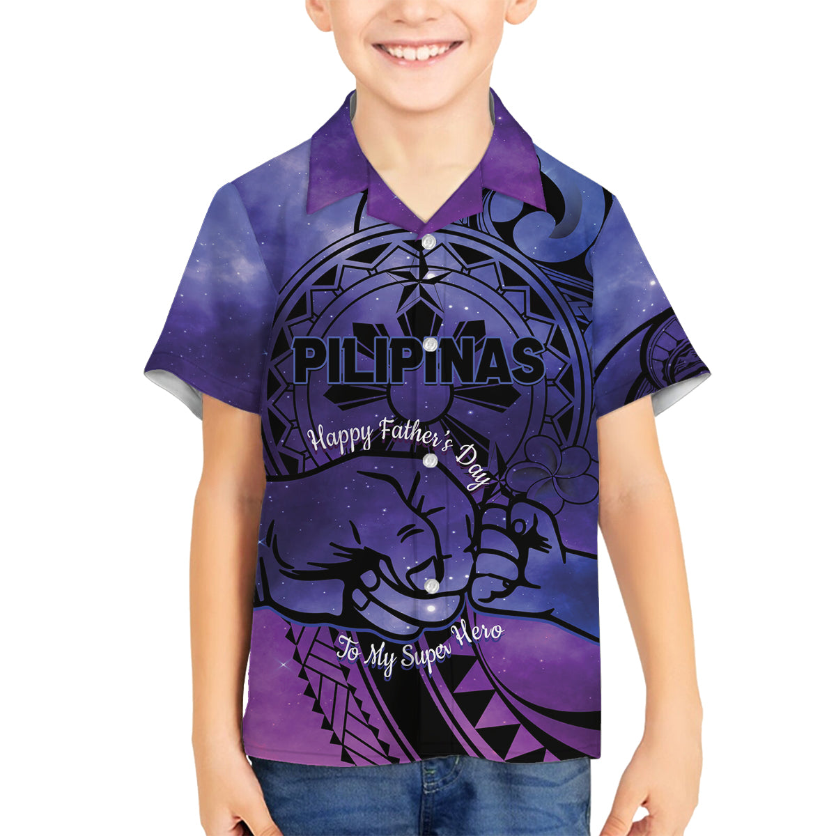 Philippines Father's Day Family Matching Off Shoulder Maxi Dress and Hawaiian Shirt Polynesian Tattoo Galaxy Vibes LT14 Son's Shirt Blue - Polynesian Pride