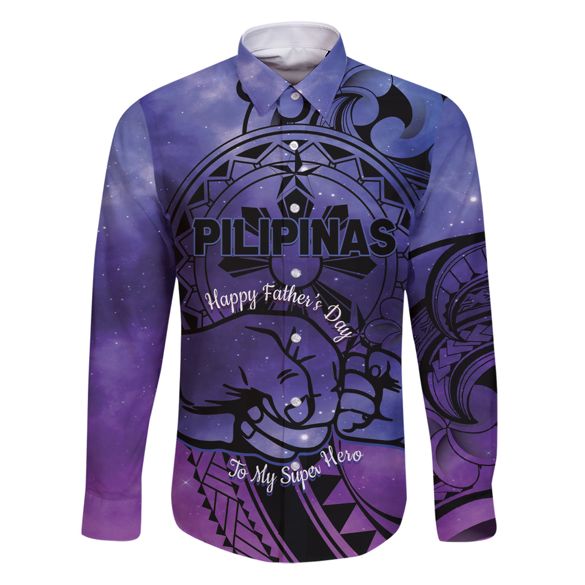 Philippines Father's Day Family Matching Puletasi and Hawaiian Shirt Polynesian Tattoo Galaxy Vibes LT14 Dad's Shirt - Long Sleeve Blue - Polynesian Pride