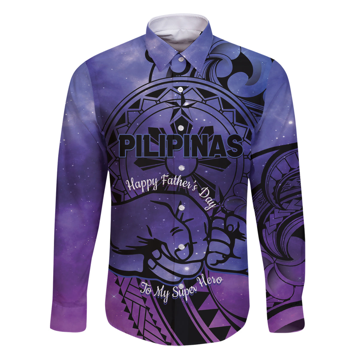 Philippines Father's Day Family Matching Tank Maxi Dress and Hawaiian Shirt Polynesian Tattoo Galaxy Vibes LT14 Dad's Shirt - Long Sleeve Blue - Polynesian Pride