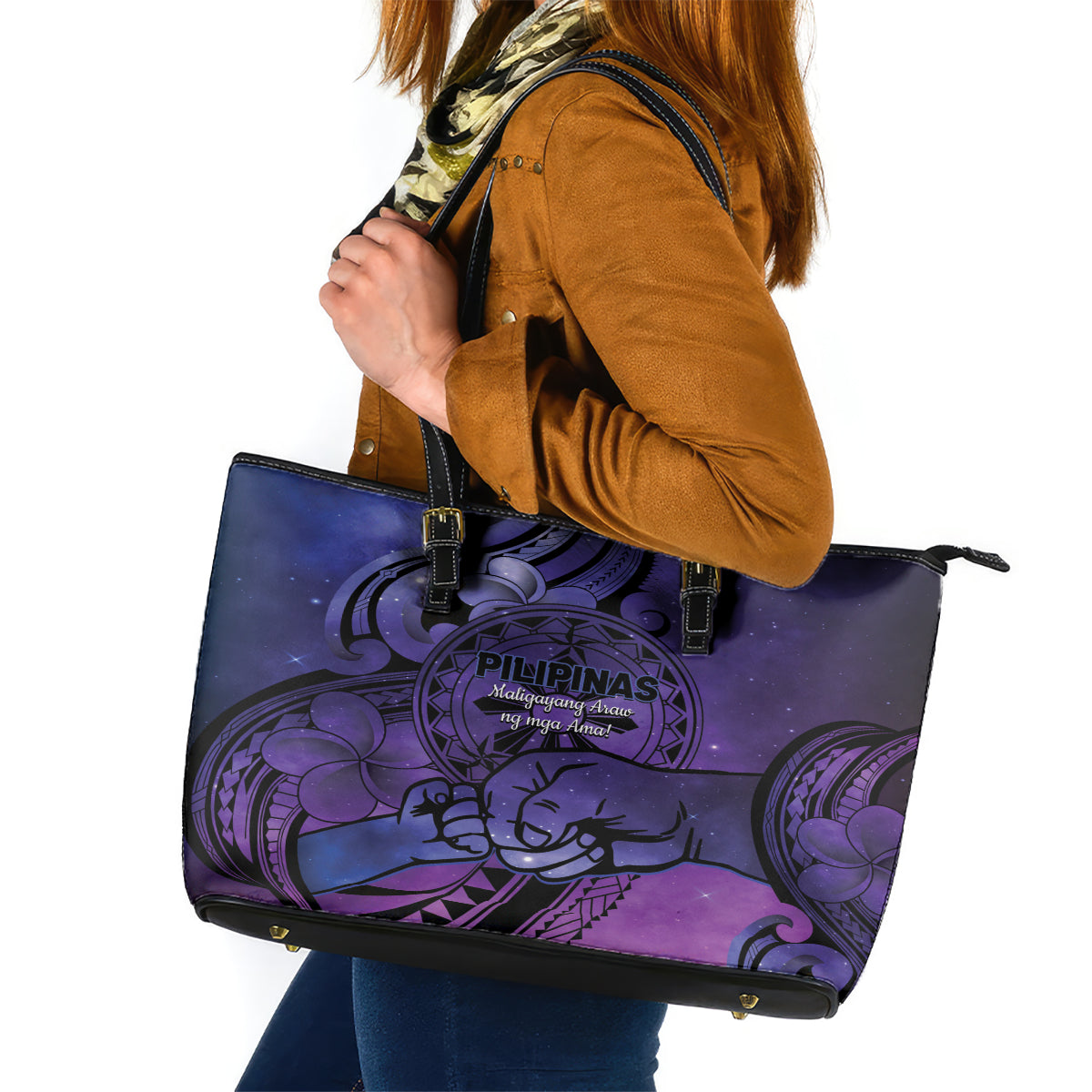 Philippines Father's Day Leather Tote Bag Polynesian Tattoo Galaxy Vibes LT14 Blue - Polynesian Pride