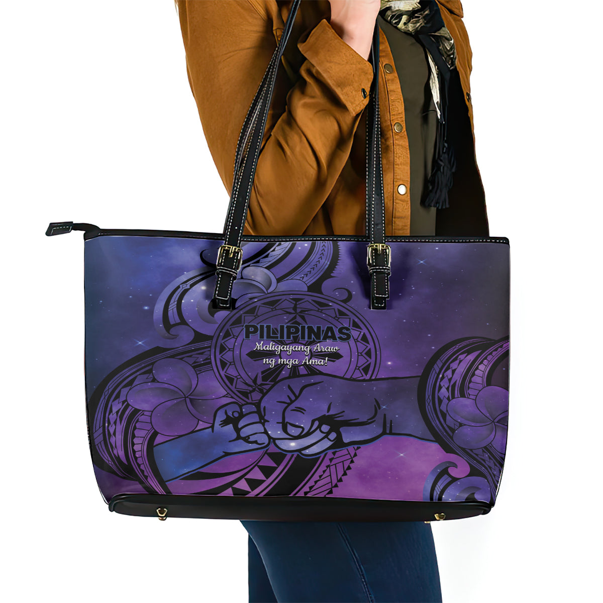 Philippines Father's Day Leather Tote Bag Polynesian Tattoo Galaxy Vibes LT14 - Polynesian Pride