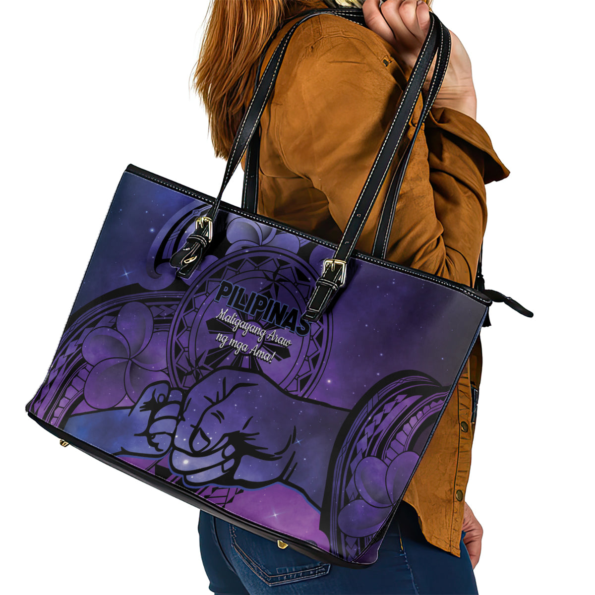 Philippines Father's Day Leather Tote Bag Polynesian Tattoo Galaxy Vibes LT14 - Polynesian Pride