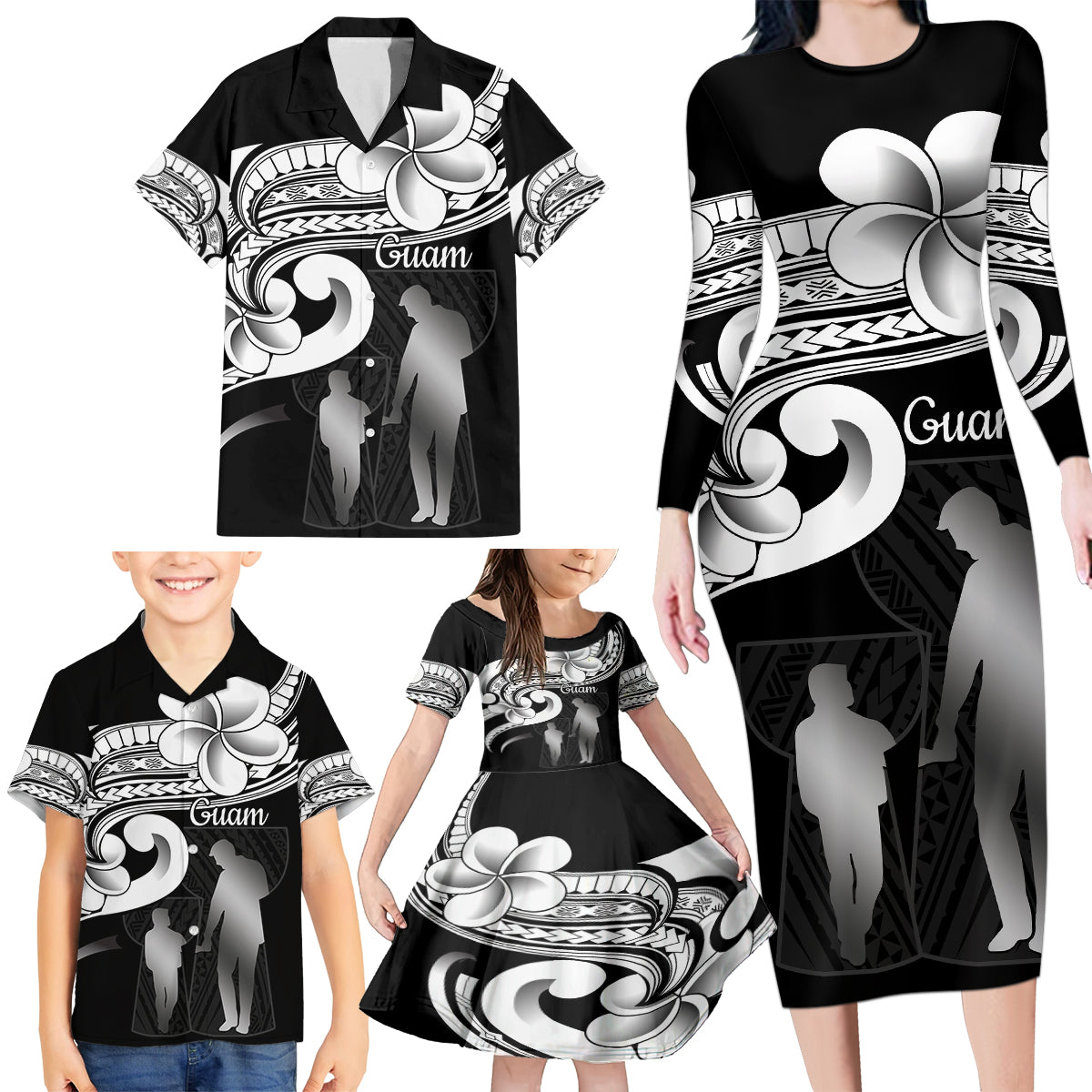 Guam Father's Day Family Matching Long Sleeve Bodycon Dress and Hawaiian Shirt Chamorro Latte Stone Polynesian Pattern LT14 - Polynesian Pride