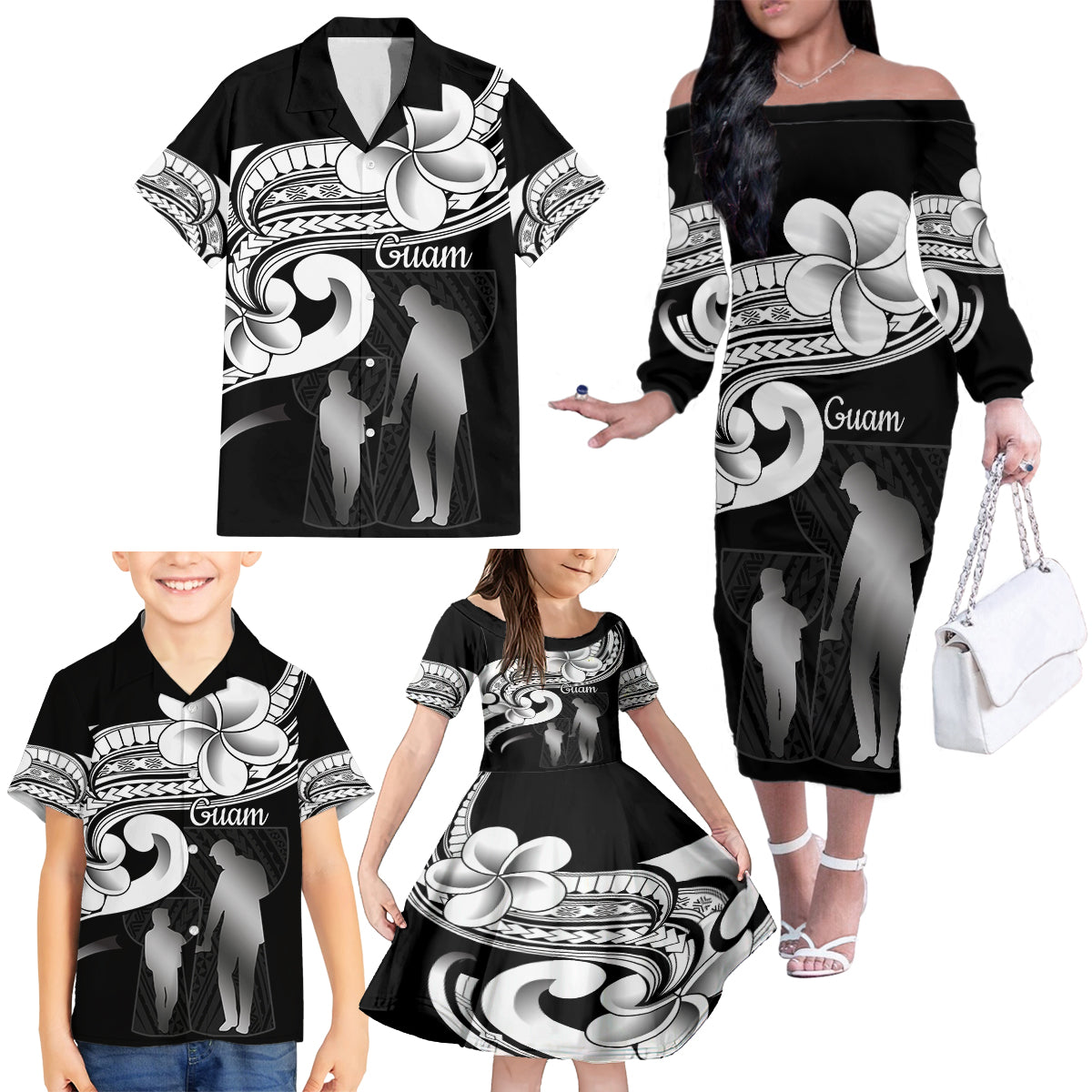 Guam Father's Day Family Matching Off The Shoulder Long Sleeve Dress and Hawaiian Shirt Chamorro Latte Stone Polynesian Pattern LT14 - Polynesian Pride