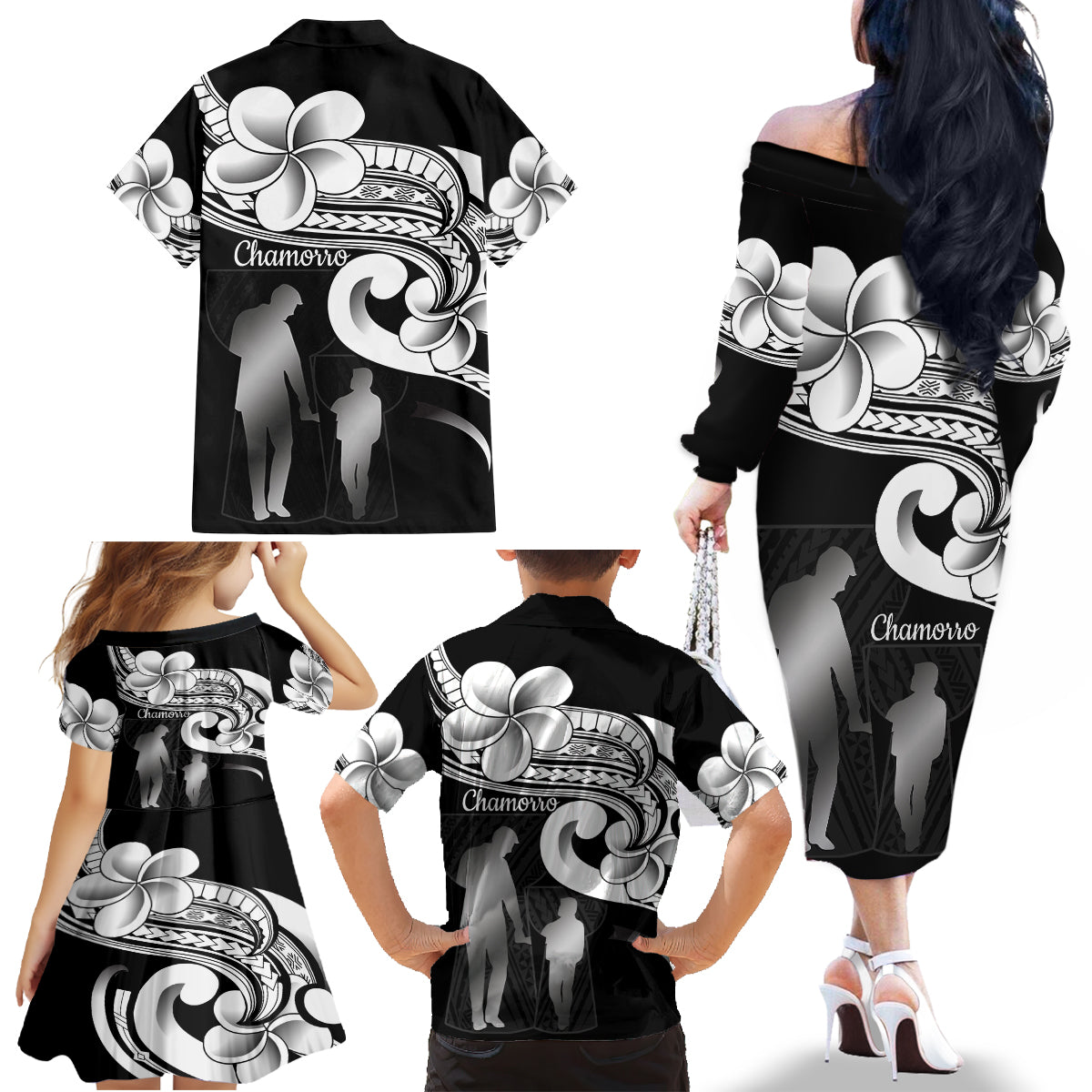 Guam Father's Day Family Matching Off The Shoulder Long Sleeve Dress and Hawaiian Shirt Chamorro Latte Stone Polynesian Pattern LT14 - Polynesian Pride
