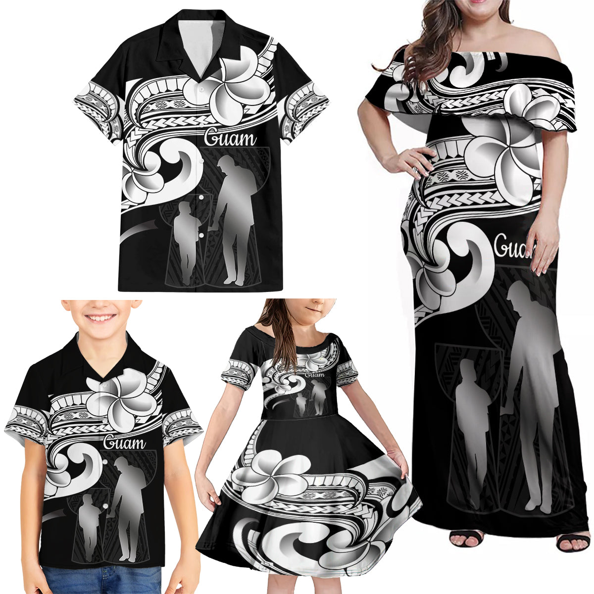 Guam Father's Day Family Matching Off Shoulder Maxi Dress and Hawaiian Shirt Chamorro Latte Stone Polynesian Pattern LT14 - Polynesian Pride