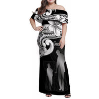 Guam Father's Day Family Matching Off Shoulder Maxi Dress and Hawaiian Shirt Chamorro Latte Stone Polynesian Pattern LT14 Mom's Dress Black - Polynesian Pride