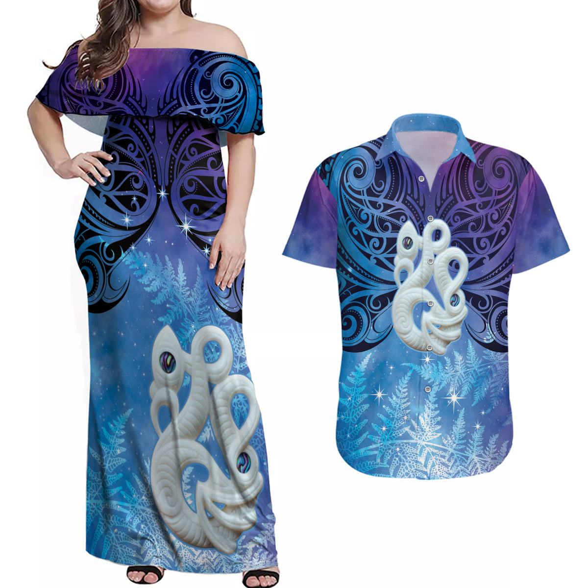 New Zealand Matariki Couples Matching Off Shoulder Maxi Dress and Hawaiian Shirt Aotearoa Maori New Year Manaia Galaxy Vibes LT14 Blue - Polynesian Pride