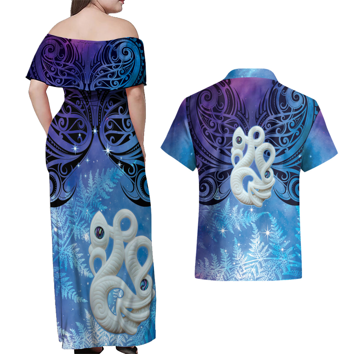New Zealand Matariki Couples Matching Off Shoulder Maxi Dress and Hawaiian Shirt Aotearoa Maori New Year Manaia Galaxy Vibes LT14 - Polynesian Pride