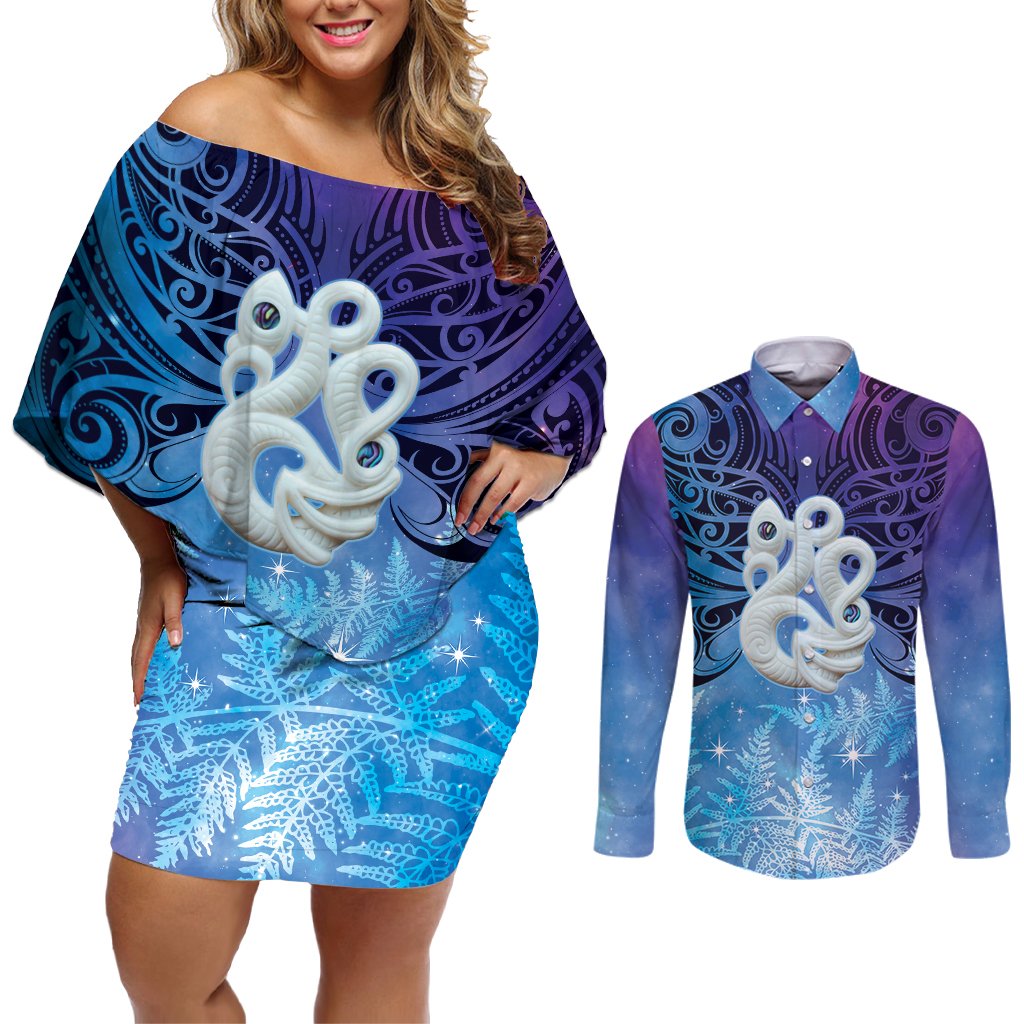 New Zealand Matariki Couples Matching Off Shoulder Short Dress and Long Sleeve Button Shirt Aotearoa Maori New Year Manaia Galaxy Vibes LT14 Blue - Polynesian Pride