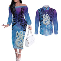 New Zealand Matariki Couples Matching Off The Shoulder Long Sleeve Dress and Long Sleeve Button Shirt Aotearoa Maori New Year Manaia Galaxy Vibes LT14 Blue - Polynesian Pride