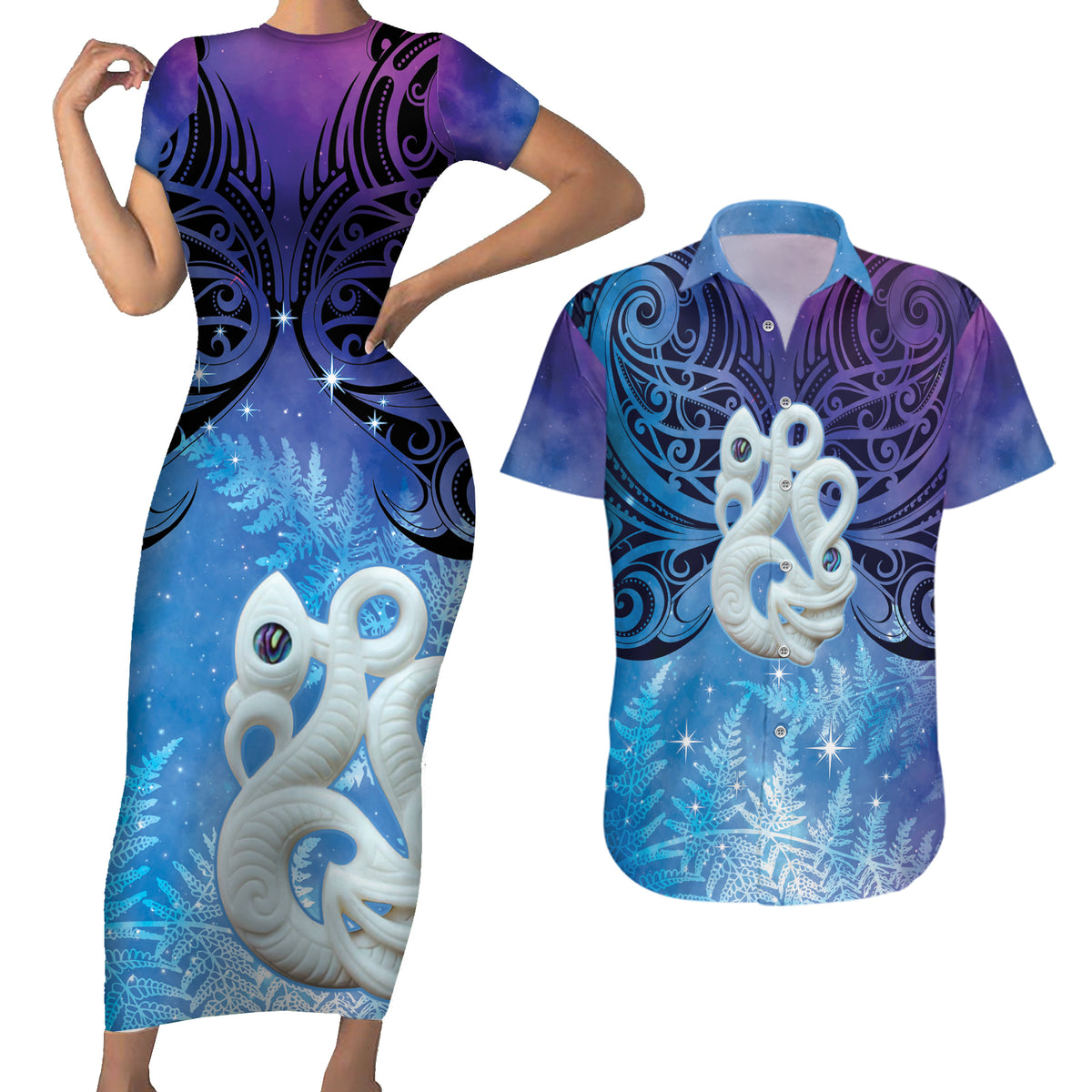 New Zealand Matariki Couples Matching Short Sleeve Bodycon Dress and Hawaiian Shirt Aotearoa Maori New Year Manaia Galaxy Vibes LT14 Blue - Polynesian Pride