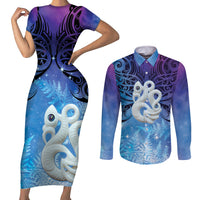 New Zealand Matariki Couples Matching Short Sleeve Bodycon Dress and Long Sleeve Button Shirt Aotearoa Maori New Year Manaia Galaxy Vibes LT14 Blue - Polynesian Pride
