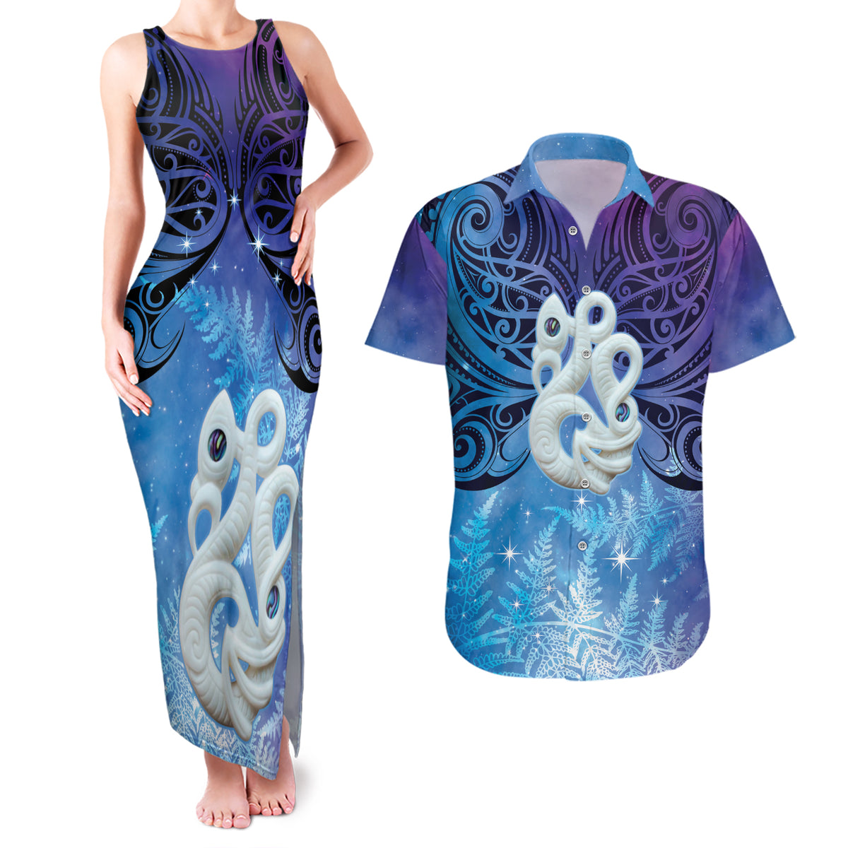 New Zealand Matariki Couples Matching Tank Maxi Dress and Hawaiian Shirt Aotearoa Maori New Year Manaia Galaxy Vibes LT14 Blue - Polynesian Pride