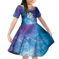 New Zealand Matariki Family Matching Off The Shoulder Long Sleeve Dress and Hawaiian Shirt Aotearoa Maori New Year Manaia Galaxy Vibes LT14 Daughter's Dress Blue - Polynesian Pride