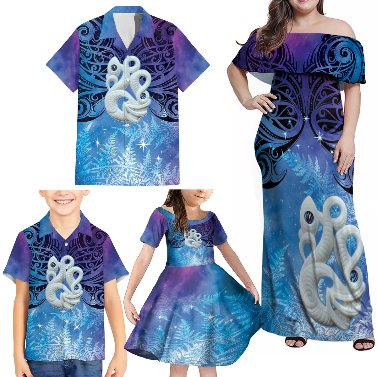 New Zealand Matariki Family Matching Off Shoulder Maxi Dress and Hawaiian Shirt Aotearoa Maori New Year Manaia Galaxy Vibes LT14 - Polynesian Pride