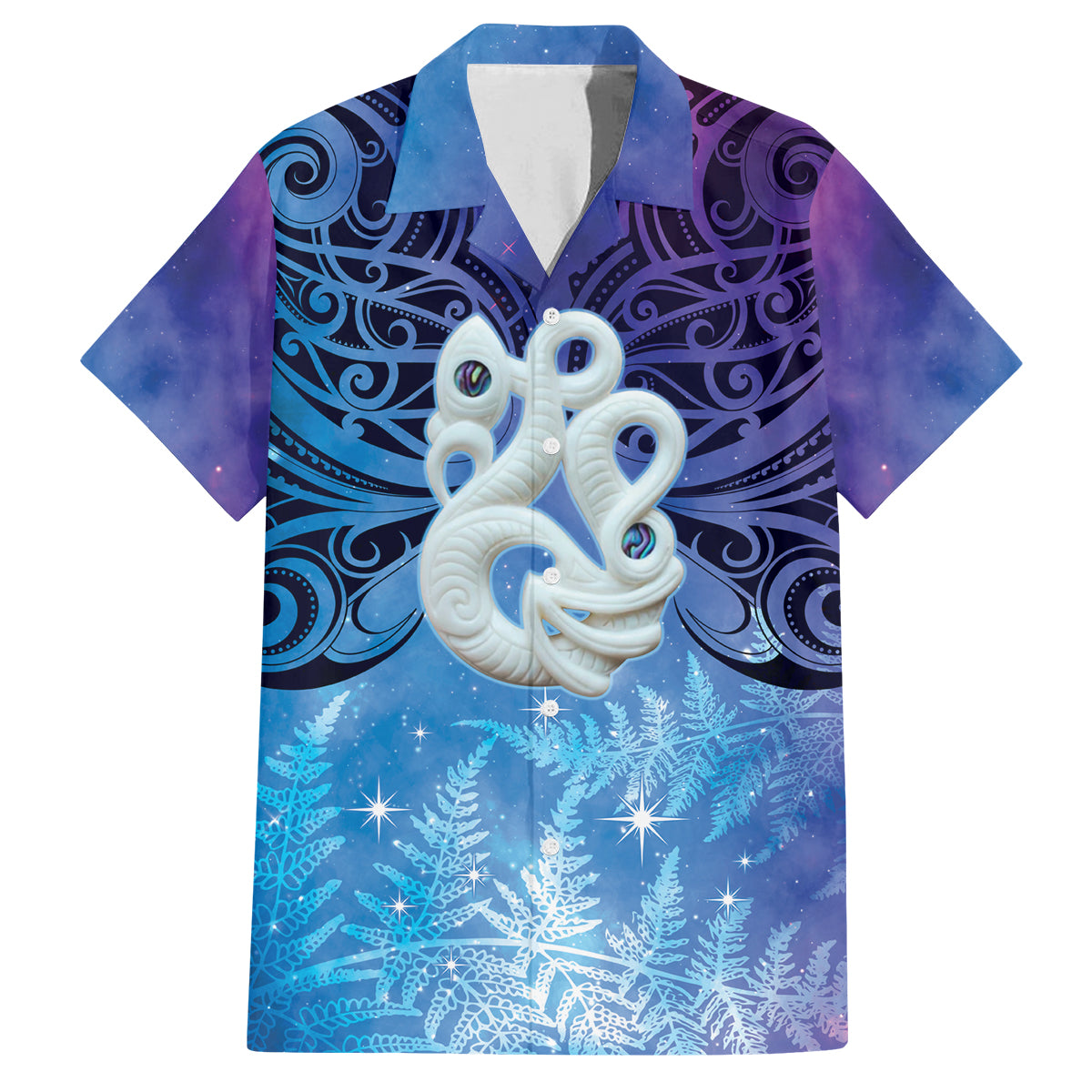New Zealand Matariki Family Matching Off Shoulder Maxi Dress and Hawaiian Shirt Aotearoa Maori New Year Manaia Galaxy Vibes LT14 Dad's Shirt - Short Sleeve Blue - Polynesian Pride