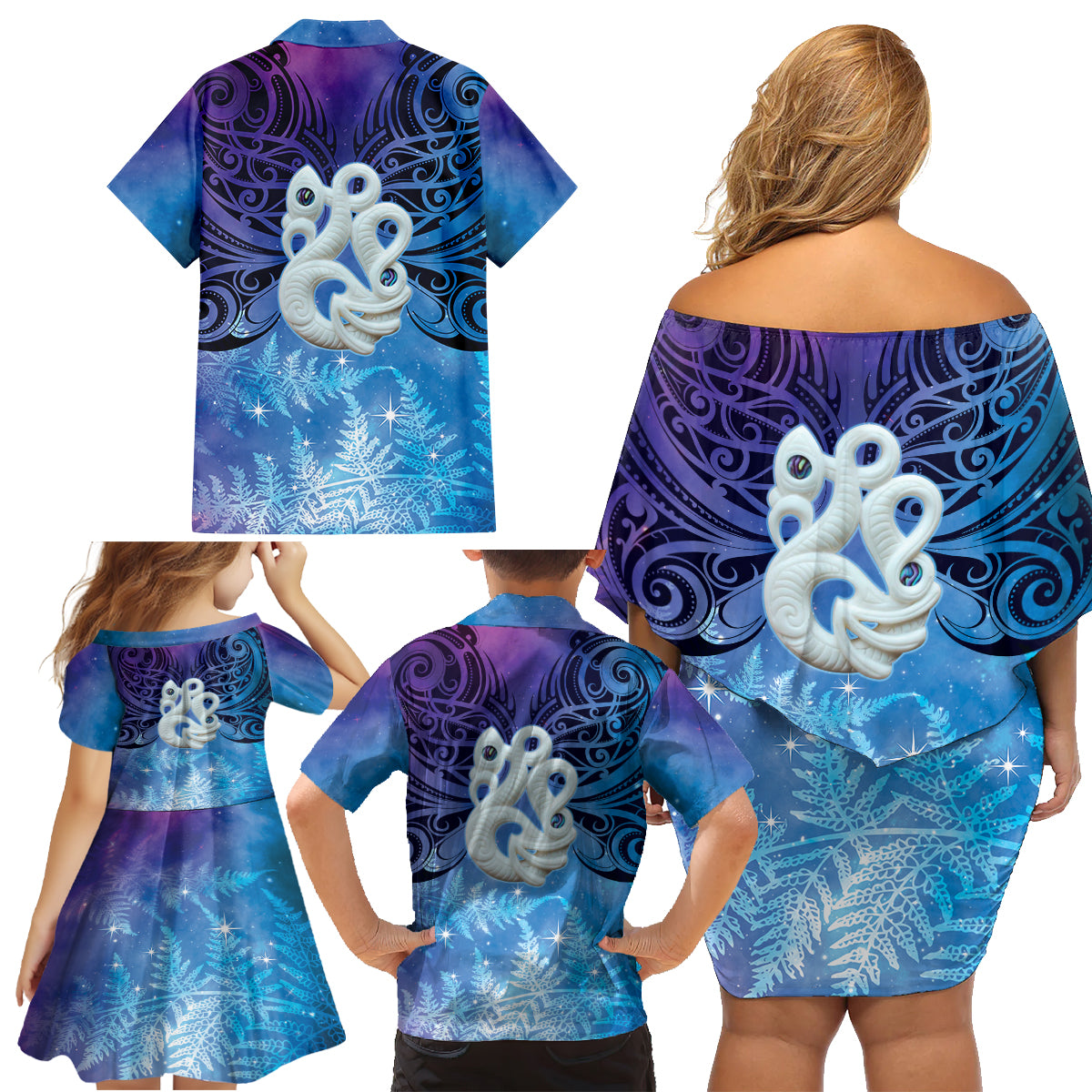 New Zealand Matariki Family Matching Off Shoulder Short Dress and Hawaiian Shirt Aotearoa Maori New Year Manaia Galaxy Vibes LT14 - Polynesian Pride