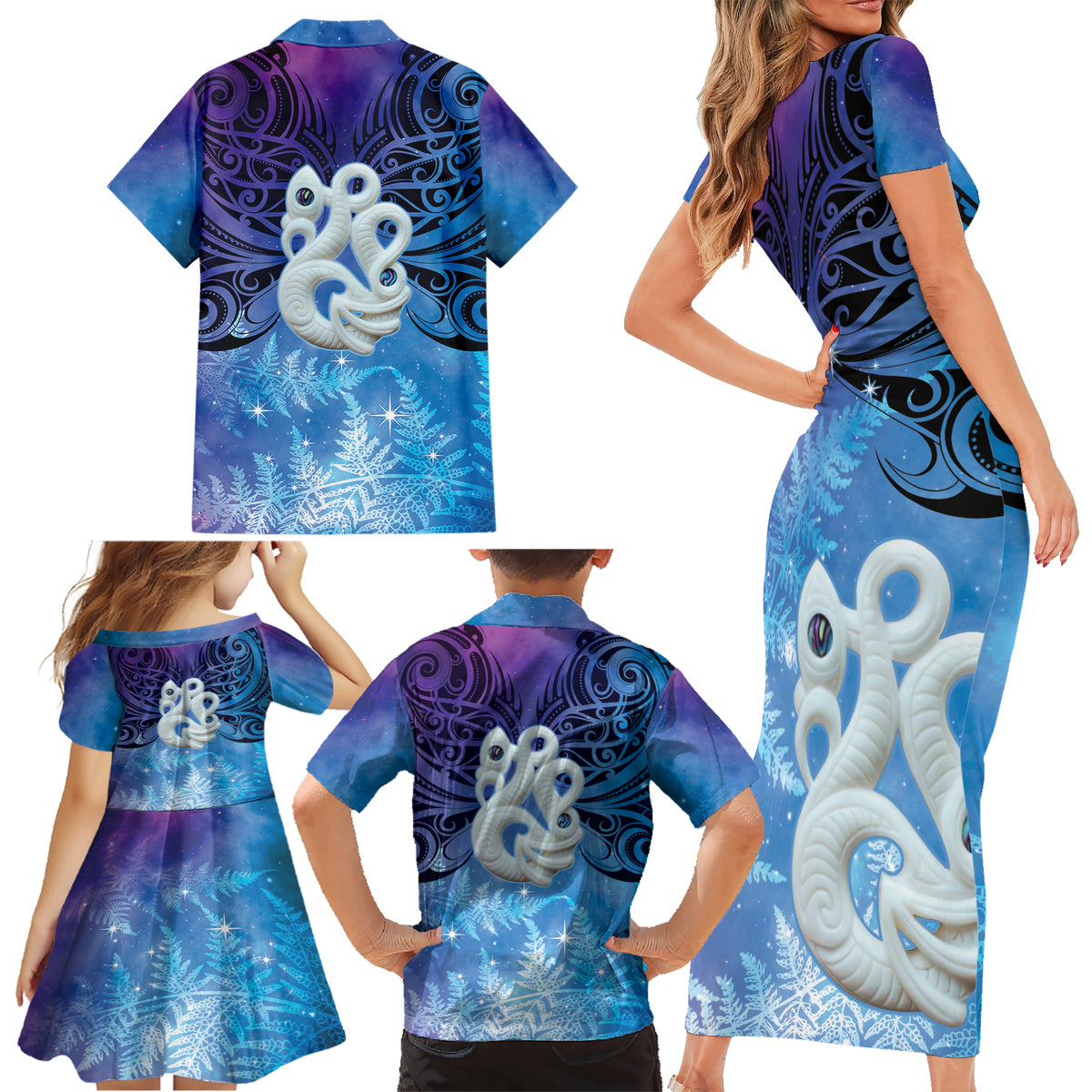 New Zealand Matariki Family Matching Short Sleeve Bodycon Dress and Hawaiian Shirt Aotearoa Maori New Year Manaia Galaxy Vibes LT14 - Polynesian Pride