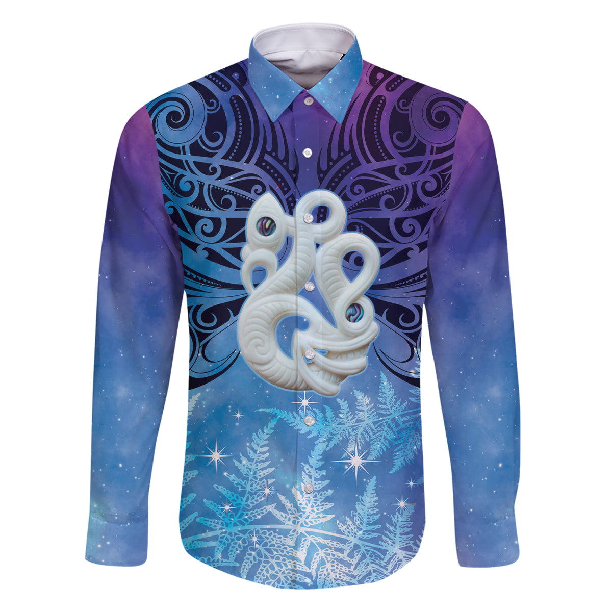 New Zealand Matariki Family Matching Tank Maxi Dress and Hawaiian Shirt Aotearoa Maori New Year Manaia Galaxy Vibes LT14 Dad's Shirt - Long Sleeve Blue - Polynesian Pride