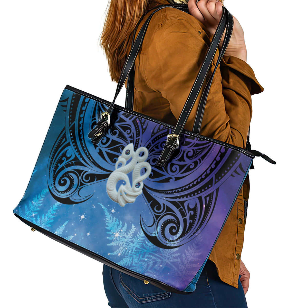New Zealand Matariki Leather Tote Bag Aotearoa Maori New Year Manaia Galaxy Vibes LT14 - Polynesian Pride